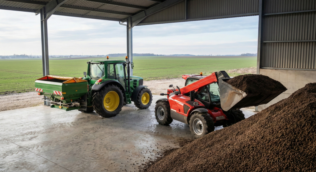 Engrais organique dans un hangar, présence d'un télescopique qui charge l'engrais pour l'épandage.