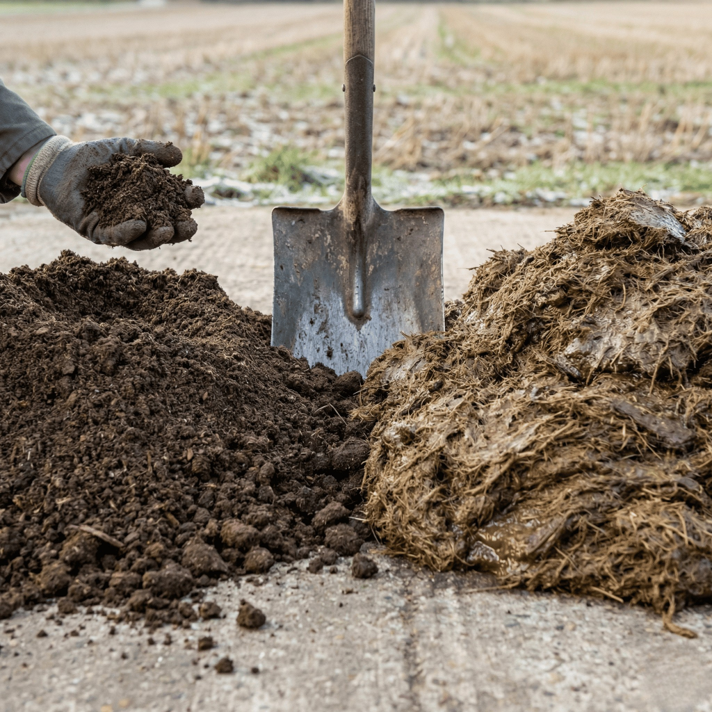 Compost de fumier de volaille et digestat de méthanisation côte à côte : comparaison de textures et d’humidité pour la fertilisation organique.