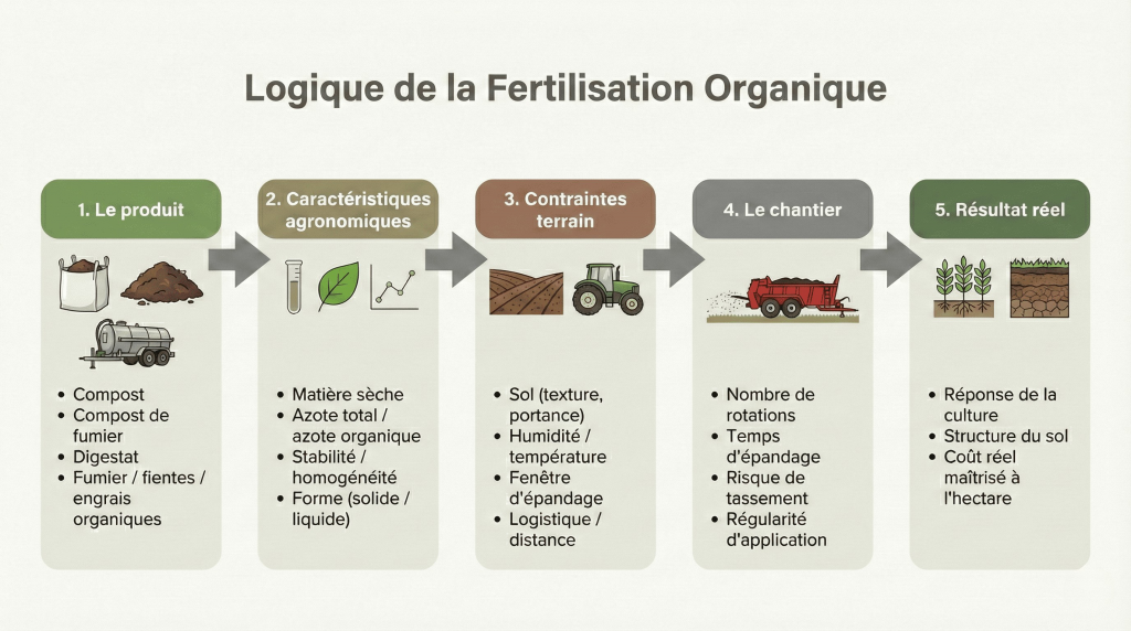 Schéma explicatif de la fertilisation organique : lien entre type de produit (compost, digestat), contraintes de sol, chantier d’épandage et résultat agronomique.