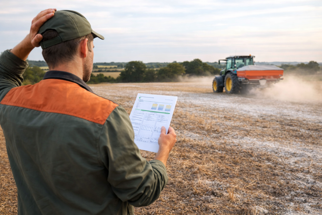 Agriculteur lisant une analyse de sol dans une parcelle en cours de chaulage, tracteur épandeur en arrière-plan.