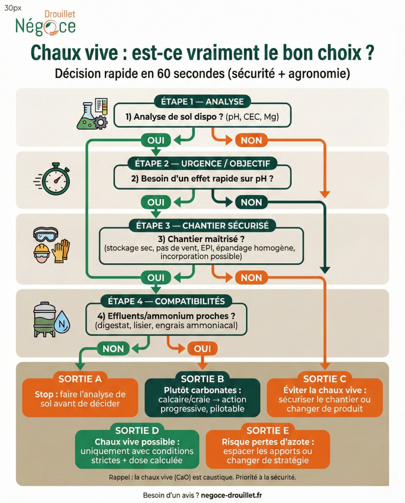 Arbre de décision pour choisir la chaux vive en agriculture selon analyse de sol, urgence de correction du pH, conditions d’épandage et risques liés aux effluents.
