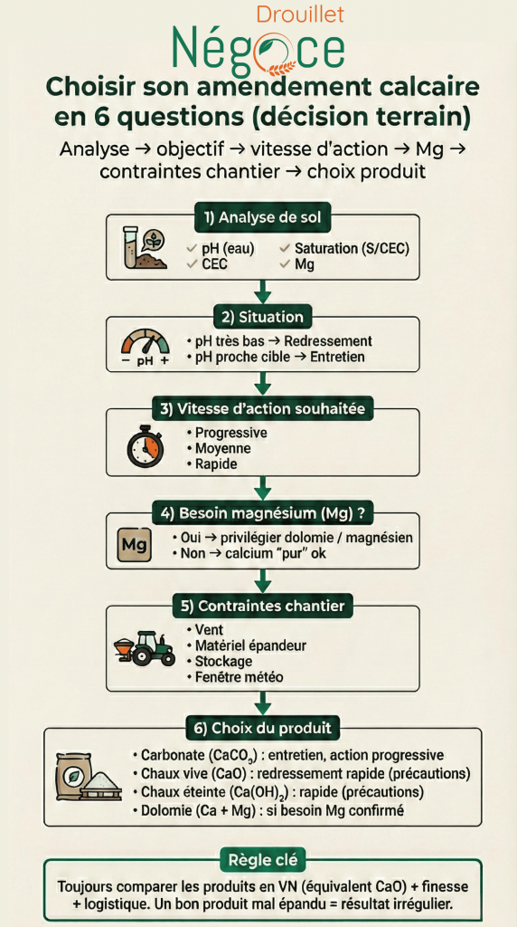 Infographie : arbre de décision en 6 étapes pour choisir un amendement calcaire (chaulage) selon pH, CEC, saturation, besoin Mg et contraintes de chantier.