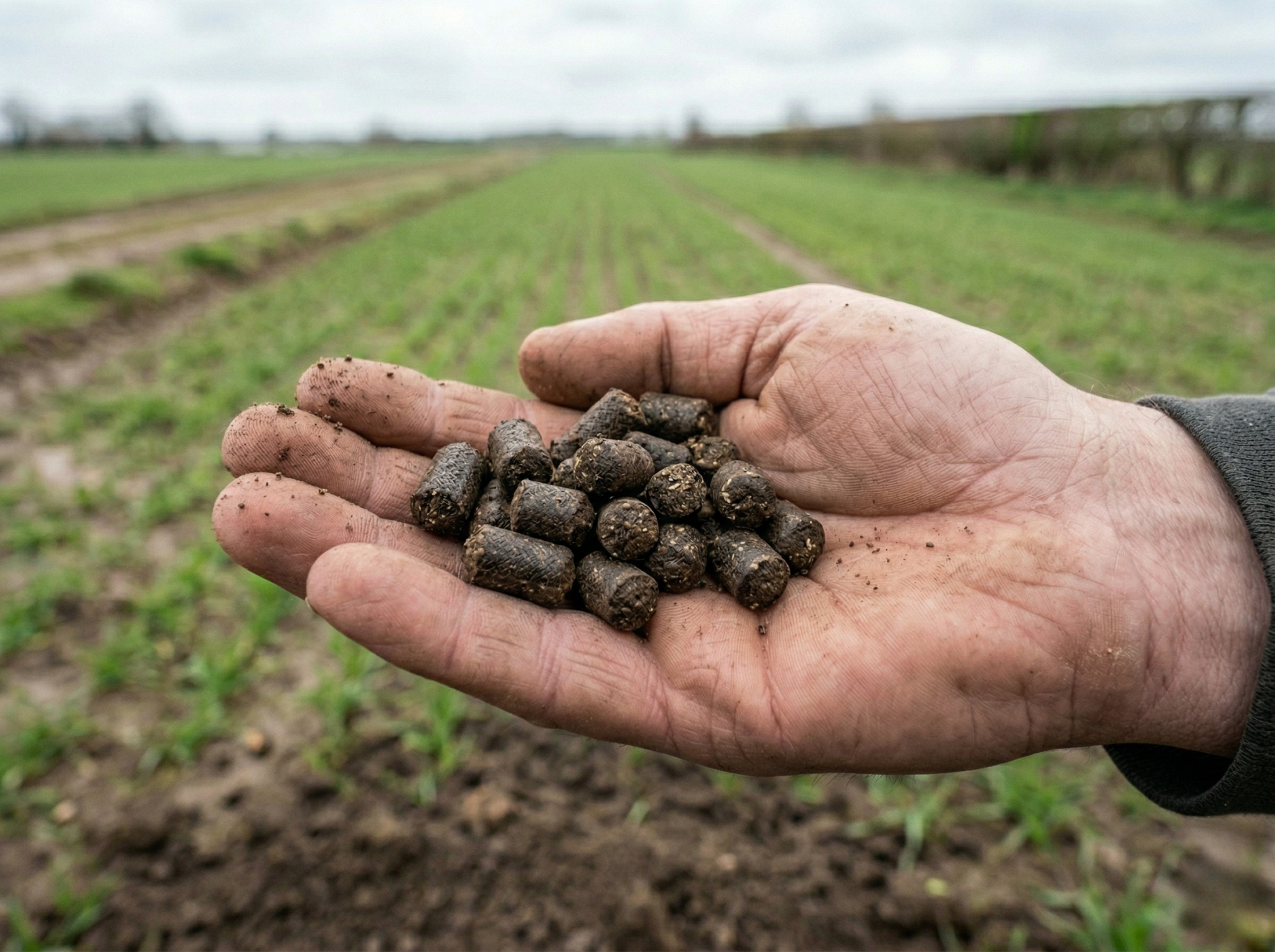 Main gantée tenant un engrais azoté naturel à base de sous-produits dans un champ agricole