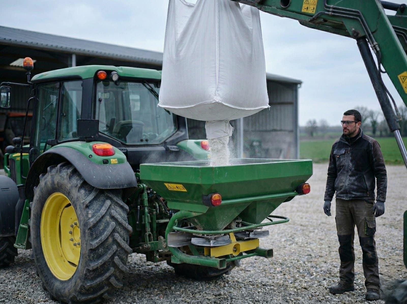 Épandage de chaux vive agricole : chargement d’un épandeur avec chaux vive en big bag