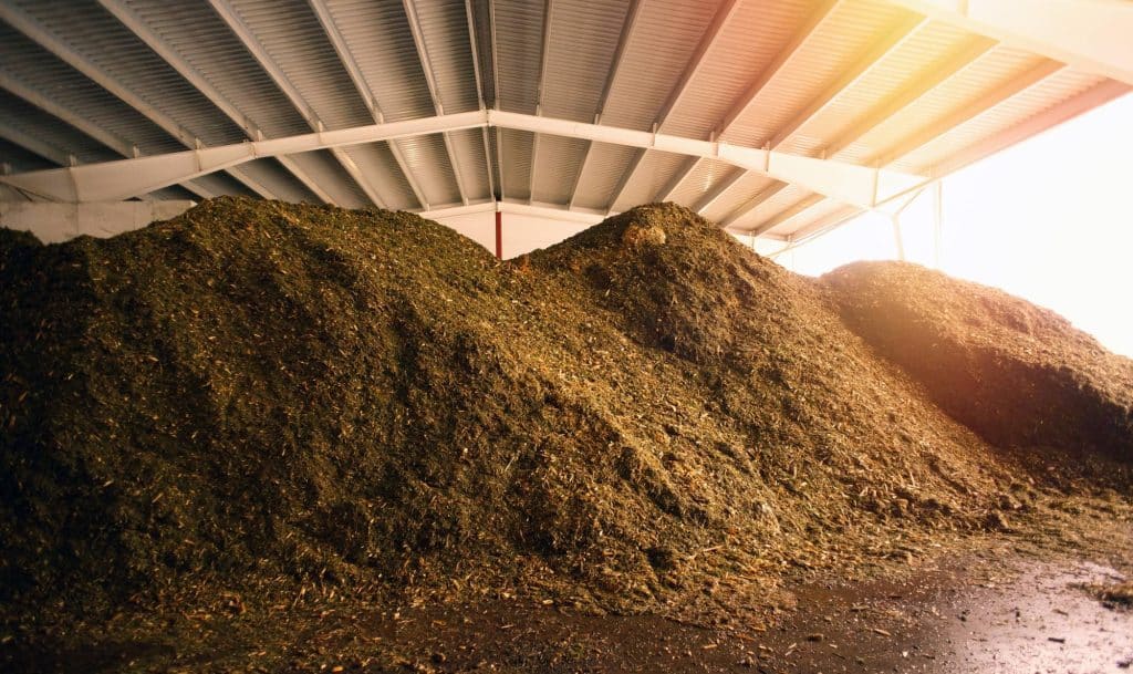 Compost en tas sous un hangar ouvert, éclairé par la lumière du jour