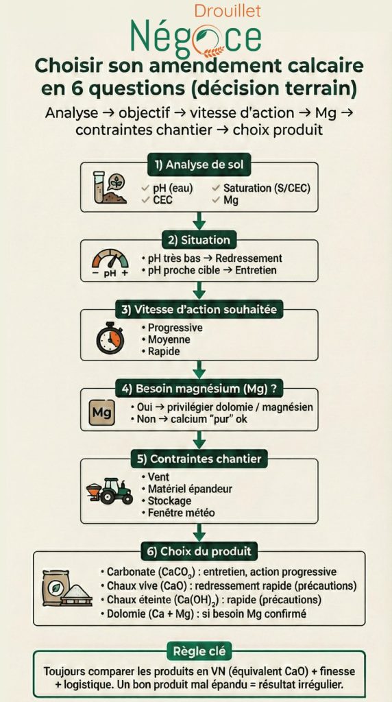 Infographie : arbre de décision en 6 étapes pour choisir un amendement calcaire (chaulage) selon pH, CEC, saturation, besoin Mg et contraintes de chantier.